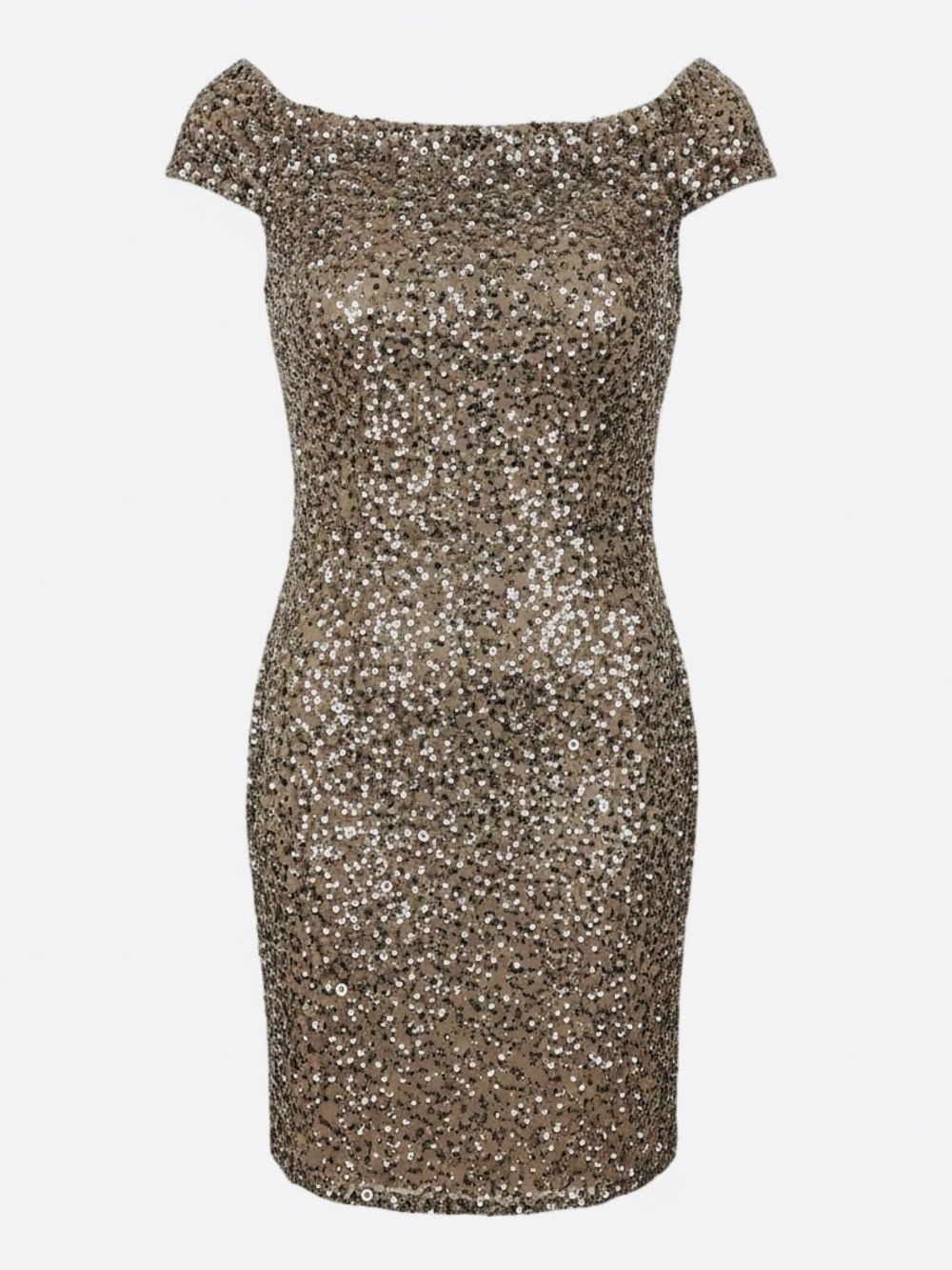 Adrianna Papell Off Shoulder Crunchy Bead Dress Antique Bronze Sz 16W NWT